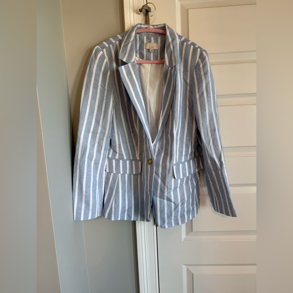 LOFT Light Blue and White Striped Single-Button Blazer